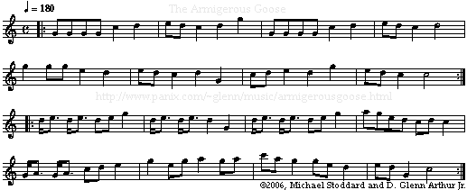 [[[ ** PNG image of 
       sheet music goes here -- if using a text browser, try one of the 
       links immediately below to download it -- if you know ABC notation, 
       the tune is |: GGGG c2 d2 | ed c2 d2 g2 | GGGG c2 d2 | ed c2 d4 | 
       g2 gg e2 d2 | ed c2 d2 G2 | cd e2 d2 g2 | ed c2 c4 :|
       |: d<e d<e de g2 | d<e d<e d2 G2 | d<e d<e de g2 | aged cd c2 | 
       G<A G<A cd e2 | g2 eg a2 ga | c'a g2 ge d2 | ed G2 c4 :| ** ]]]